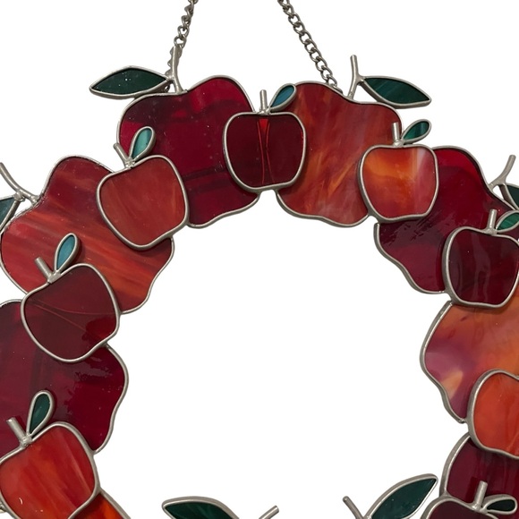 Vintage 90s Stained Glass Style Apple Wreath Window Hanging Suncatcher - Picture 5 of 9